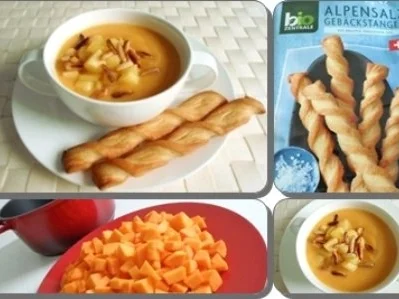 Butternut Kürbis Cremesuppe mit karamellisiertem Apfel, Pinienkernen und Gebäckstangen daz - Rezept - Bild Nr. 17