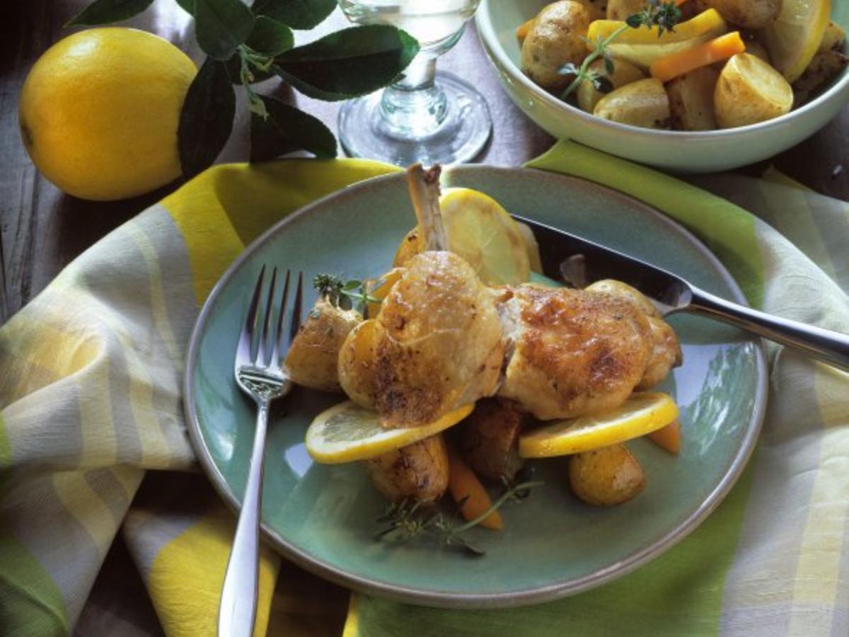 Hühnerkeulen mit Kartoffeln vom Blech - einfach - 117 kcal/100g