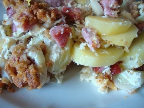Kartoffel-Apfel Auflauf mit Kasseler und Nussbrösel - Rezept