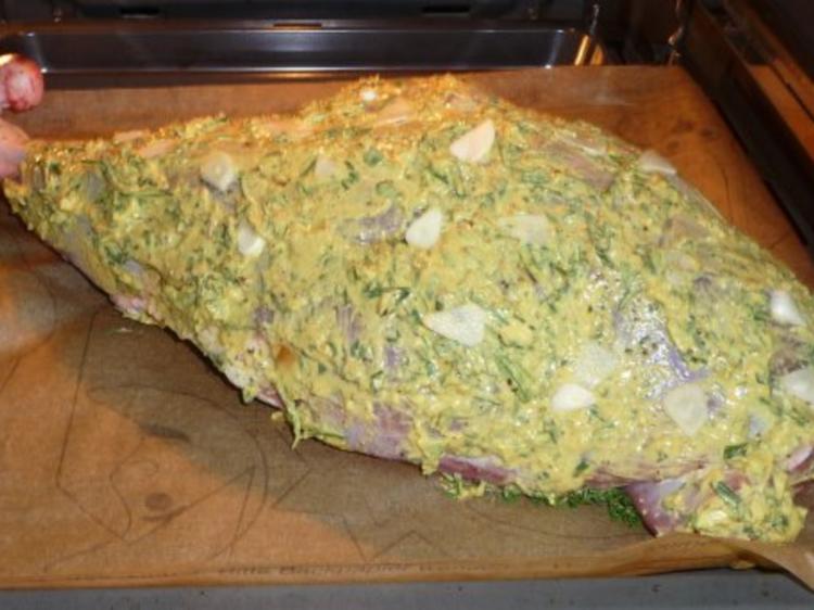 Lammkeule in Senfkruste in Niedrigtemperatur - einfach - 214 kcal/100g Lammkeule in Senfkruste in Niedrigtemperatur - einfach - 214 kcal/100g