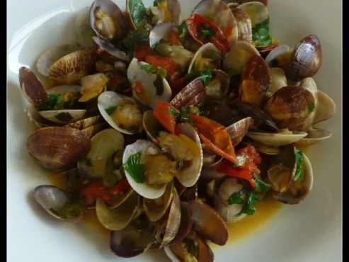 Herzmuscheln in Zwiebel-Tomaten-Knoblauchsauce - Rezept