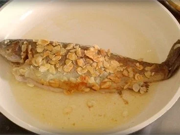 Rezept: Mandelforelle mit tournierten Kartoffeln und Salatgurke dazu. Bild Nr. 12 Mandelforelle mit tournierten Kartoffeln und Salatgurke dazu. - Rezept - Bild Nr. 12