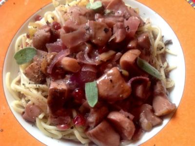 Spaghetti mit Steinpilzen in Rotwein - Preiselbeersoße - Rezept