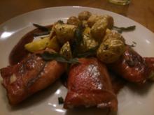 Hähnchen- Saltimbocca mit Rosmarinkartöffelchen, Rotweinreduktion und knusprigem Salbei - Rezept