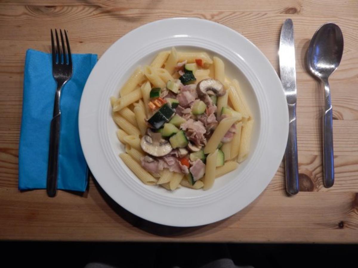 Rigatoni mit Speck, Zucchini und Champignon-Sahnesoße - Rezept - Bild Nr. 2