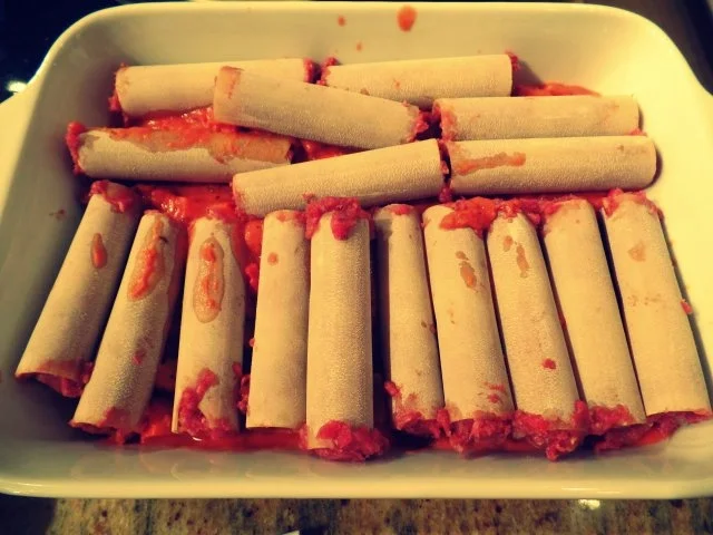 Rezept: Cannelloni mit Hackfleisch und Kürbis-Soße; pikantes Auflauf- / Ofengericht Bild Nr. 2 Cannelloni mit Hackfleisch und Kürbis-Soße; pikantes Auflauf- / Ofengericht - Rezept - Bild Nr. 2