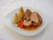 Schweinslungenbraten an Paprikasauce und Safran-Reisbirnen - Rezept