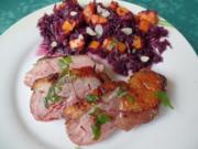 Entenbrust mit Mango-Rotkraut-Salat und Safran -Vinaigrette - Rezept