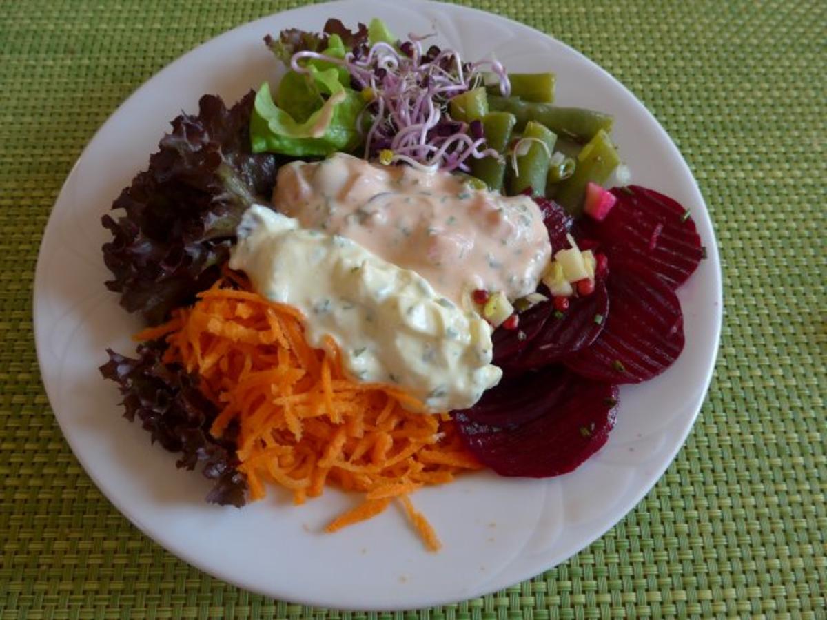 Salat : Bunt gemischt ... köstlich und gesund ... mit zweierlei Budwig - Dip´s - Rezept