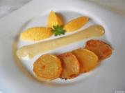 Karotten - Orangen - Mousse, Steckrüben - Apfel - Creme und karamellisierte Kartoffelchips - Rezept
