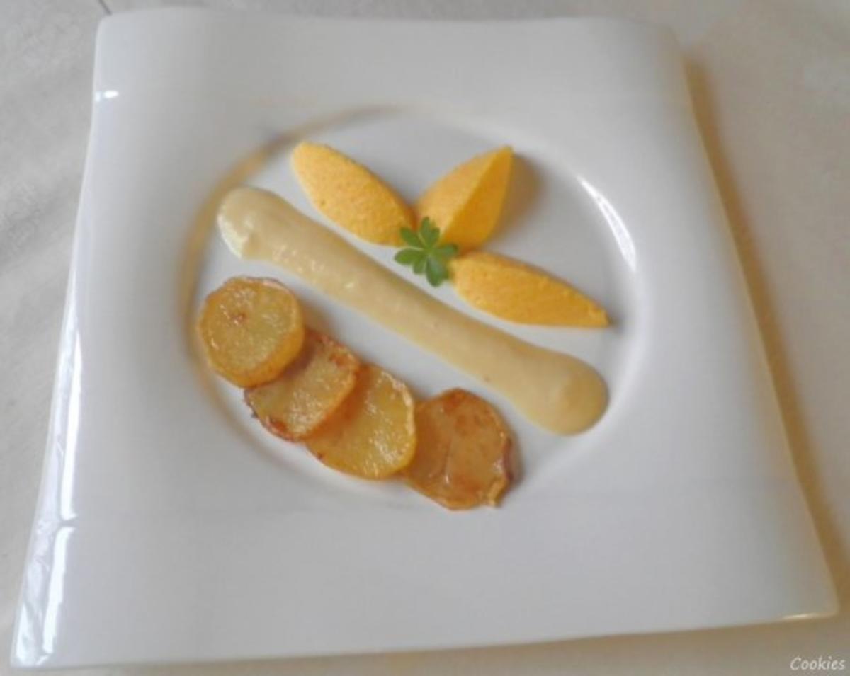 Karotten - Orangen - Mousse, Steckrüben - Apfel - Creme und karamellisierte Kartoffelchips - Rezept - Bild Nr. 2