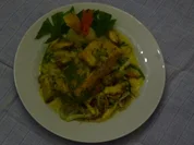 Lachs- Miesmuscheln auf Gemüse an Safransauce. - Rezept