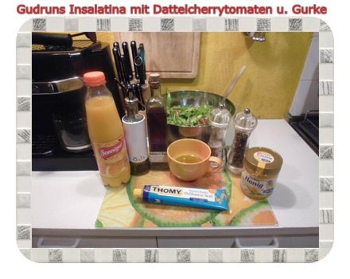 Salat: Insalatina mit Dattelcherrytomaten und Gurke in Honig-Senf-Orangendressing - Rezept - Bild Nr. 4