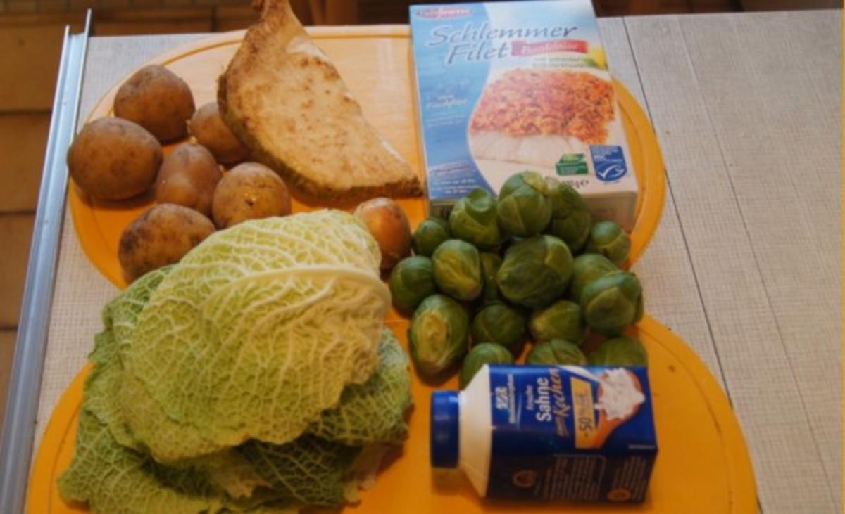 Schlemmerfilet mit Rosenkohl-Wirsing Gemüse und Sellerie-Kartoffelstampf - Rezept - Bild Nr. 2