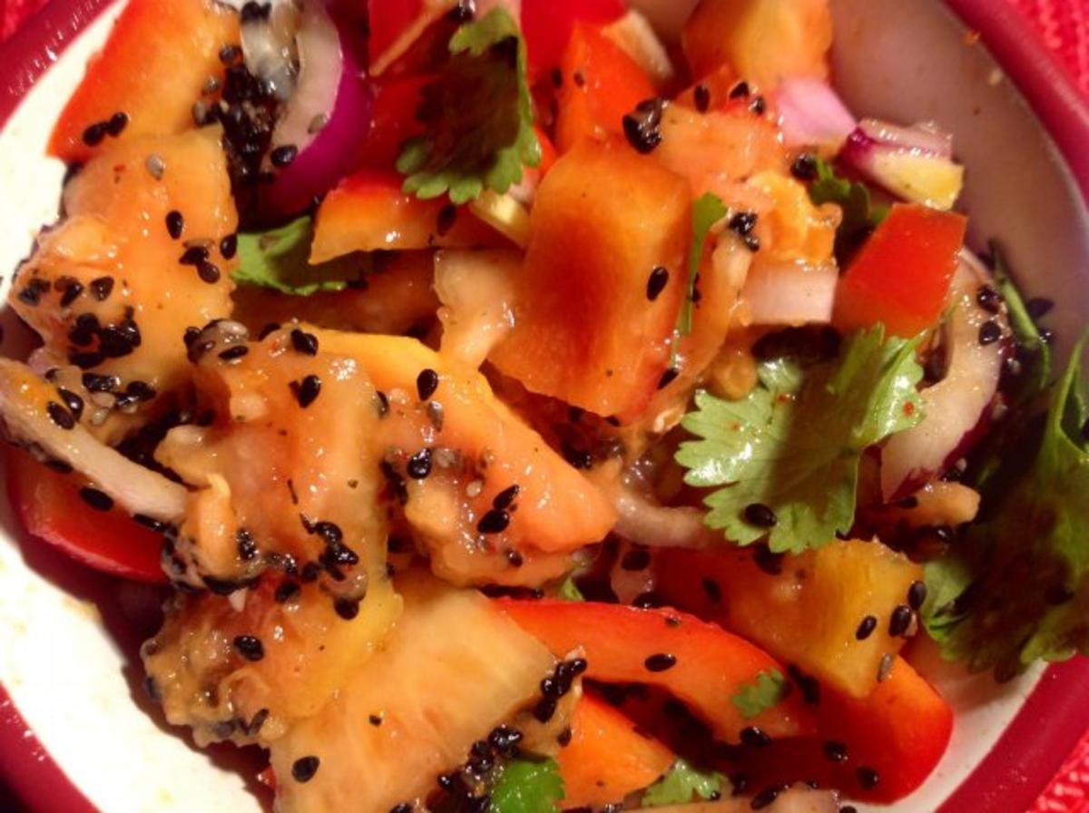 Papaya-Paprika-Salat, Papaya-Frischäse-Dip dazu eine Süßkartoffel - Rezept - Bild Nr. 7