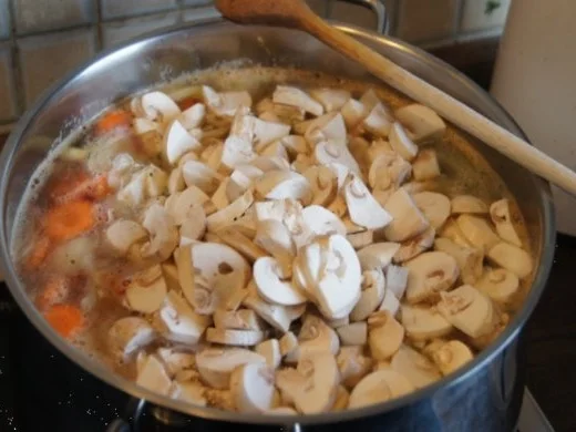 Eintopf mit Hähnchenbrustfilets, Möhrenblüten, Zwiebeln, Champignons und Nudeln - Rezept - Bild Nr. 12