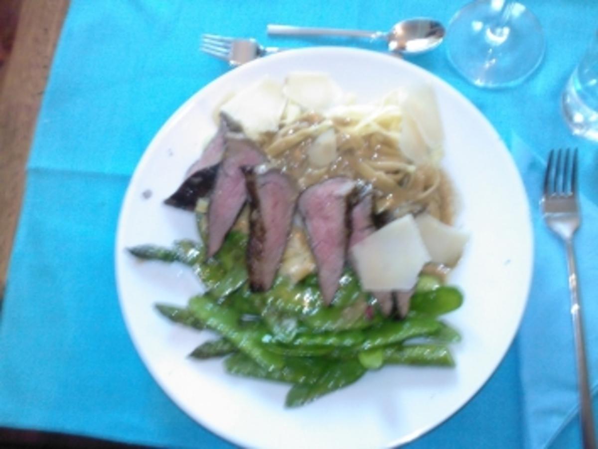 Rinderfilet auf Bandnudeln mit grünem Spargel und Zuckerschoten ...