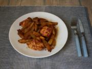 Hähnchen mit Kartoffelspalten, mit Harissa eingerieben - Rezept