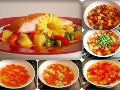 Gebratenes Lachsfilet auf Gemüsebett, mit Gänseblümchen garniert - Rezept - Bild Nr. 3