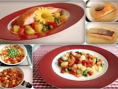 Gebratenes Lachsfilet auf Gemüsebett, mit Gänseblümchen garniert - Rezept - Bild Nr. 24