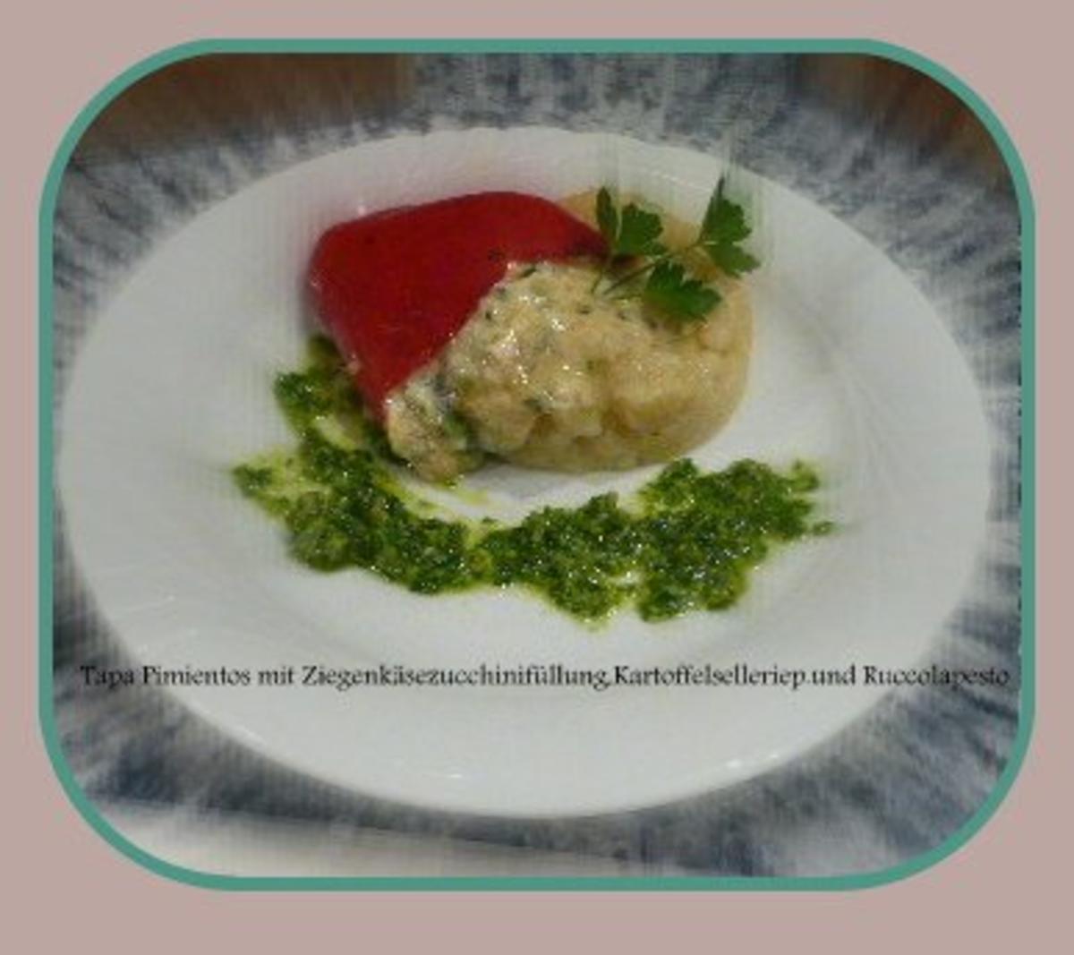 Bilder für Tapa Pimientos mit Ziegenkäse-Zucchinifüllung,Kartoffelselleriepüree und Rucolapesto - Rezept