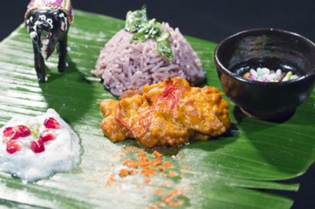 Bilder für Goa Fisch Curry an pinkem Basmati Reis mit Granatapfel-Limetten-Raita (Petra Wagner) - Rezept