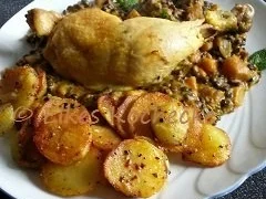 Hähnchenschenkel auf Kürbis-Linsen-Ragout - Rezept