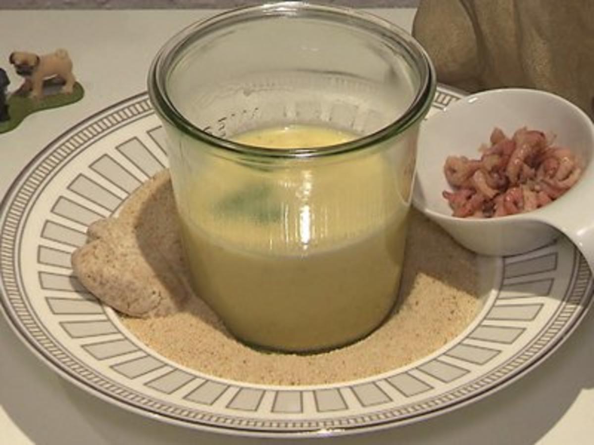 Cremige Kartoffelsuppe mit Krabben im Weckglas serviert - Rezept