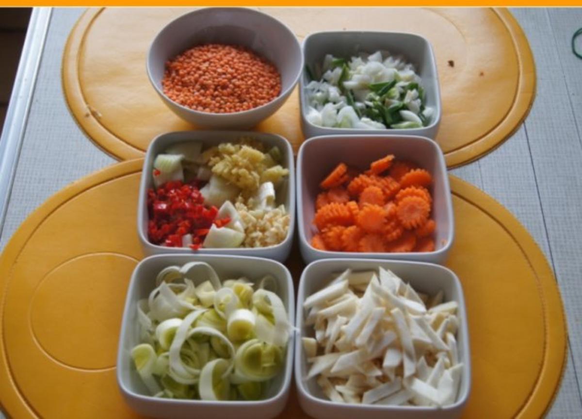 Rote Linsen-Gemüse-Suppe mit Riesengarnelenschwänzen - Rezept - Bild Nr. 3