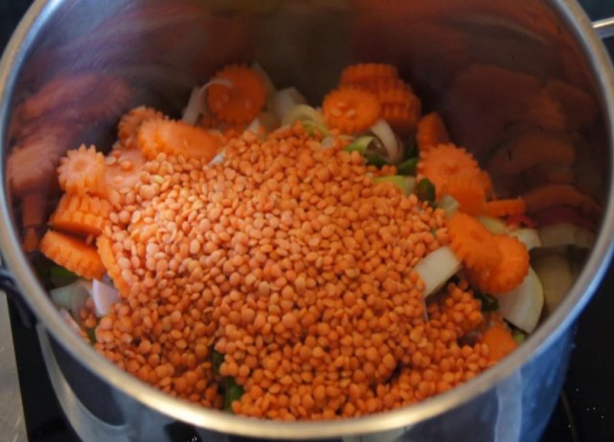 Rote Linsen-Gemüse-Suppe mit Riesengarnelenschwänzen - Rezept - Bild Nr. 6