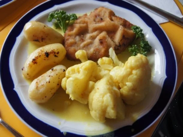 Wiener Schnitzel mit Curry-Blumenkohl und angebratenen Drillingen - Rezept
