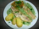 Kabeljau an Bärlauchsoße und Zucchini - Karotten - Lauch  Spaghetti  + Pellkartoffeln. - Rezept