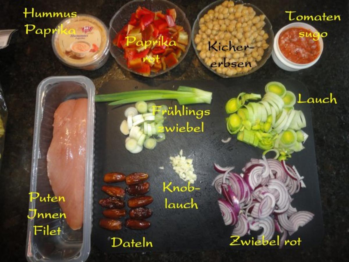 Pute in Orientsauce mit Hummus Nudeln und Kichererbsen Gemüse - Rezept - Bild Nr. 3