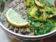 Seitan-Spinat-Pilz-Pfanne mit Kurkuma und Quinoa - Rezept