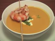 Gebratene Gambas Spieße auf Karotten-Ingwer-Suppe (Tanja Tischewitsch) - Rezept