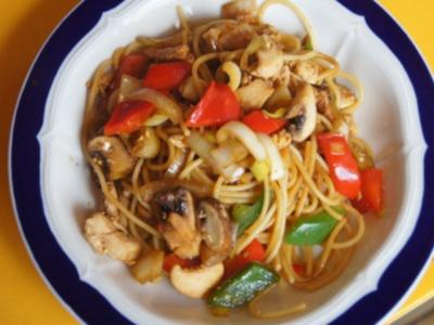 Spaghettini-Wok mit Ei, Hähnchenbrustfilet und Gemüse - Rezept