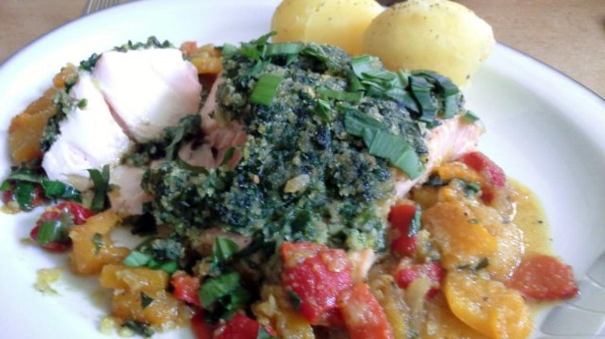 Lachs auf Paprikagemüse mit Bärlauchhaube - Rezept - Bild Nr. 6