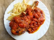 Rezept: Geflรผgel, Pute: Unterkeule von der Pute mit pikanter Tomatensuga und Pommes fritis Geflรผgel, Pute: Unterkeule von der Pute mit pikanter Tomatensuga und Pommes fritis - Rezept