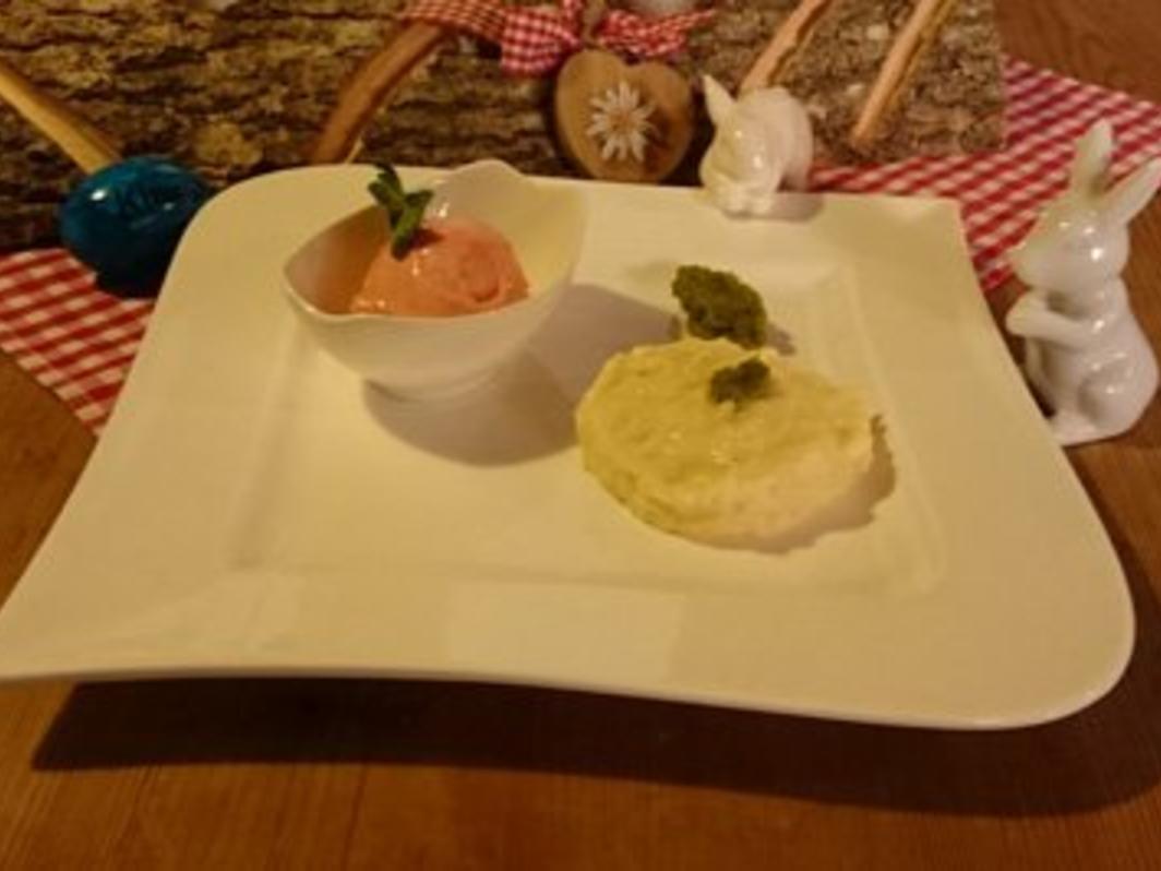 Weißes Schokoladen Risotto mit Pistazien Pesto und Erdbeer Sorbet ...