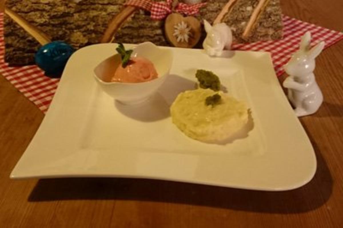 Bilder für Weißes Schokoladen-Risotto mit Pistazien-Pesto und Erdbeer-Sorbet - Rezept