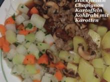 Gemüse : mit Thüringer Hackfleisch in brauner Champignon-Soße, Kohlrabi und Karotte - Rezept
