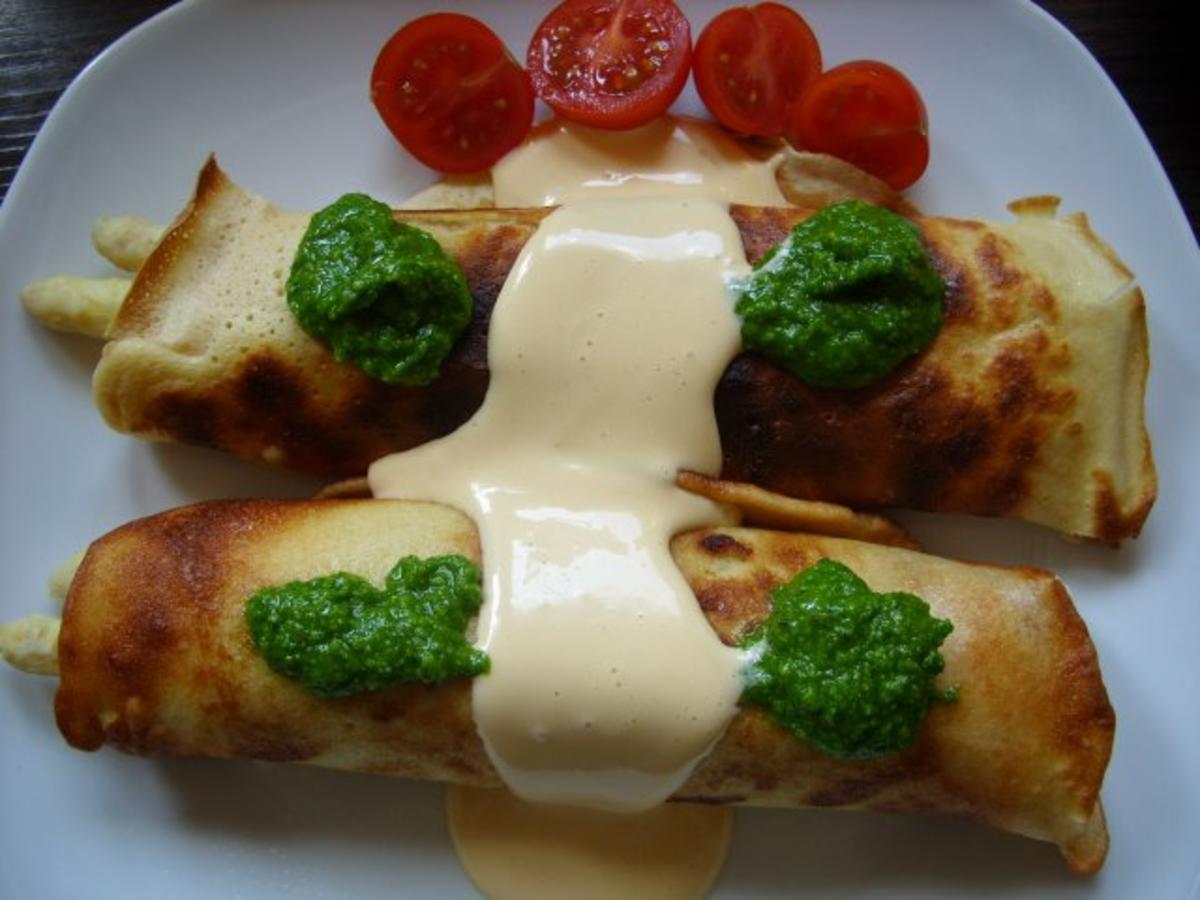 Crepe mit Spargel und schneller Hollandaise und Bärlauchpesto - Rezept