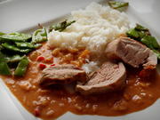 Schweinefilet mit Erdnuss-Curry-Soße und Zuckerschoten; asiatisches Fleischgericht - Rezept - Bild Nr. 87