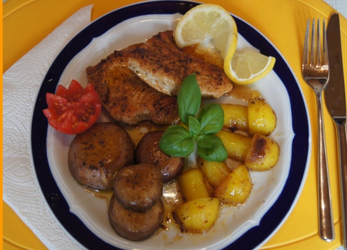 Bilder für Putenschnitzel mit braunen Champignons und gebratenen Kartoffelpilzen - Rezept