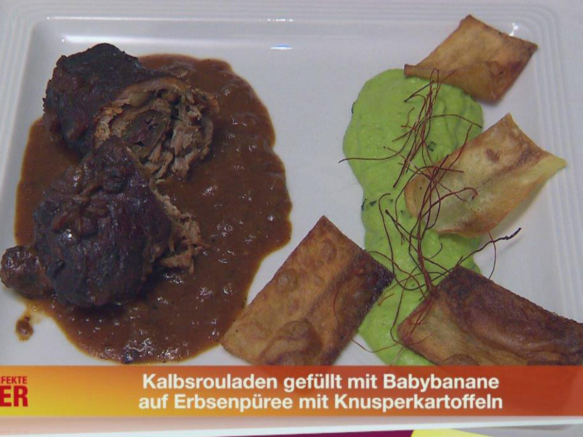 Bilder für Kalbsrouladen gefüllt mit Babybanane, Serrano auf Erbsenpüree - Rezept