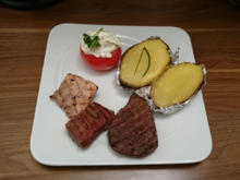 Dreierlei Fleisch an Grillkartoffel mit Schmand, Kräuter- und Orangen-Ingwerbutter - Rezept - Bild Nr. 572