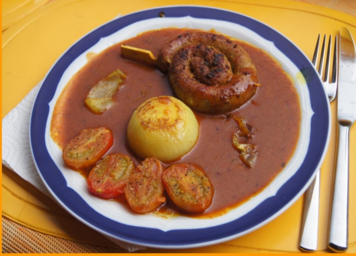 Fränkische Bratwurstschnecke mit Currysauce und Beilagen - Rezept - Bild Nr. 136