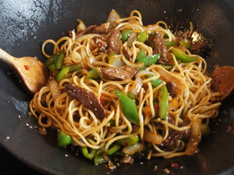 Chinesische Nudeln im Wok mit Rindfleisch. Paprika und Zwiebeln - Rezept - Bild Nr. 245
