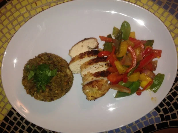 Kokospoularde mit Mandel-Linsen-Reis und süßem Gemüse - Rezept - Bild Nr. 260