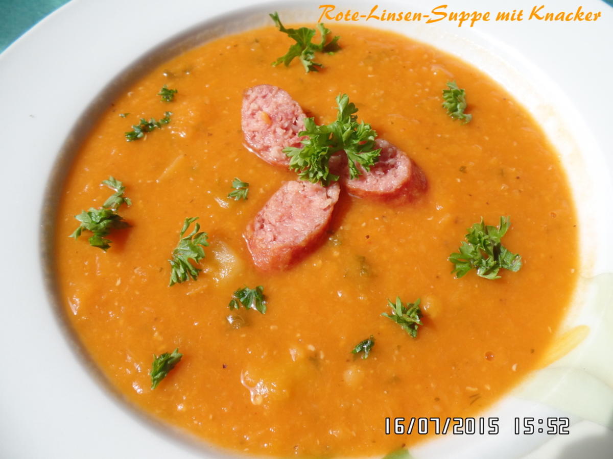Rote -Linsen-Suppe mit Knacker - Rezept - kochbar.de
